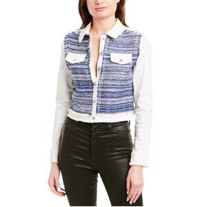 Ramy Brook Barry Button-Front Denim & Tweed Frayed Edge Denim Jacket Size Large​